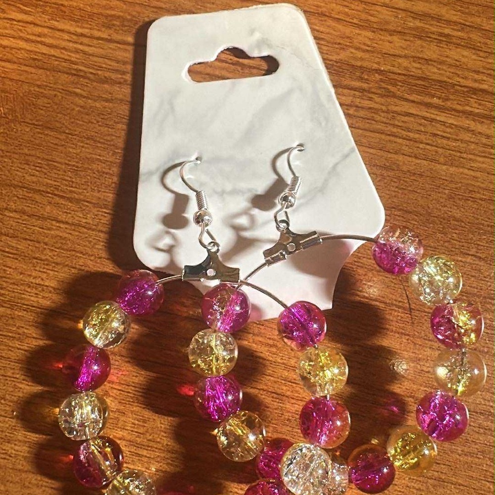 Elegant Pink and Yellow glass Beaded Hoop Earrings